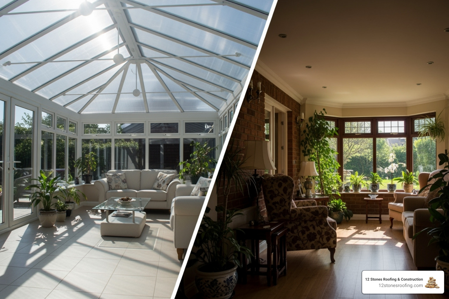 Side-by-side comparison showing a noisy, glaring polycarbonate roof and a quiet, comfortable-looking tiled roof interior - tiled conservatory roof cost