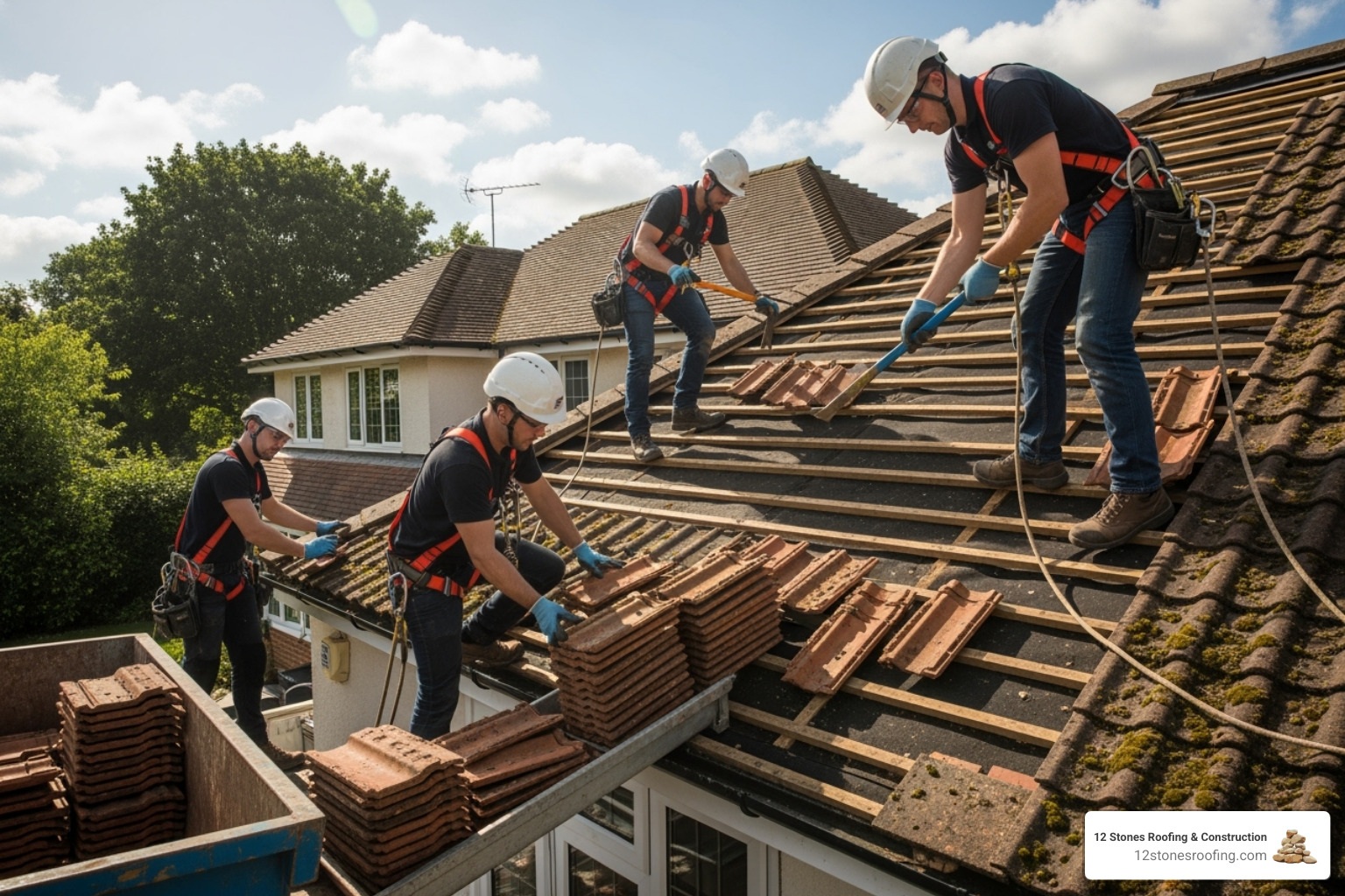 professional roofers safely removing old tiles - replace tile roof with colorbond cost