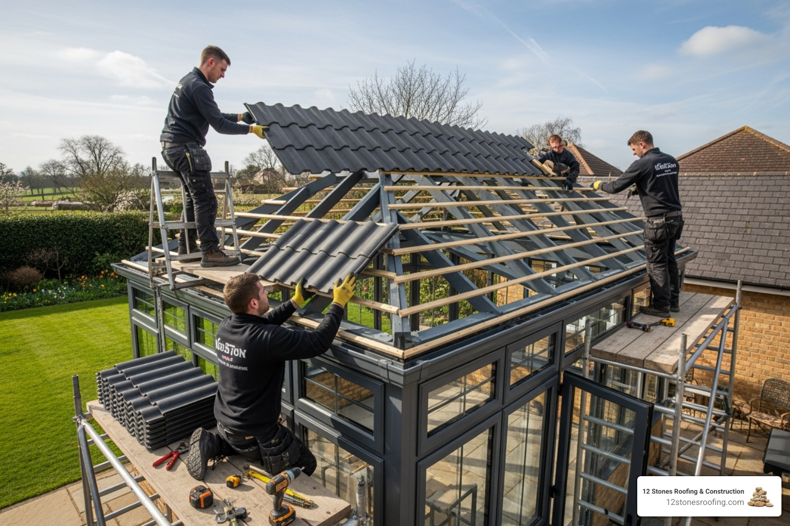 A professional team installing a lightweight tiled roof system on a conservatory frame - lightweight conservatory roof