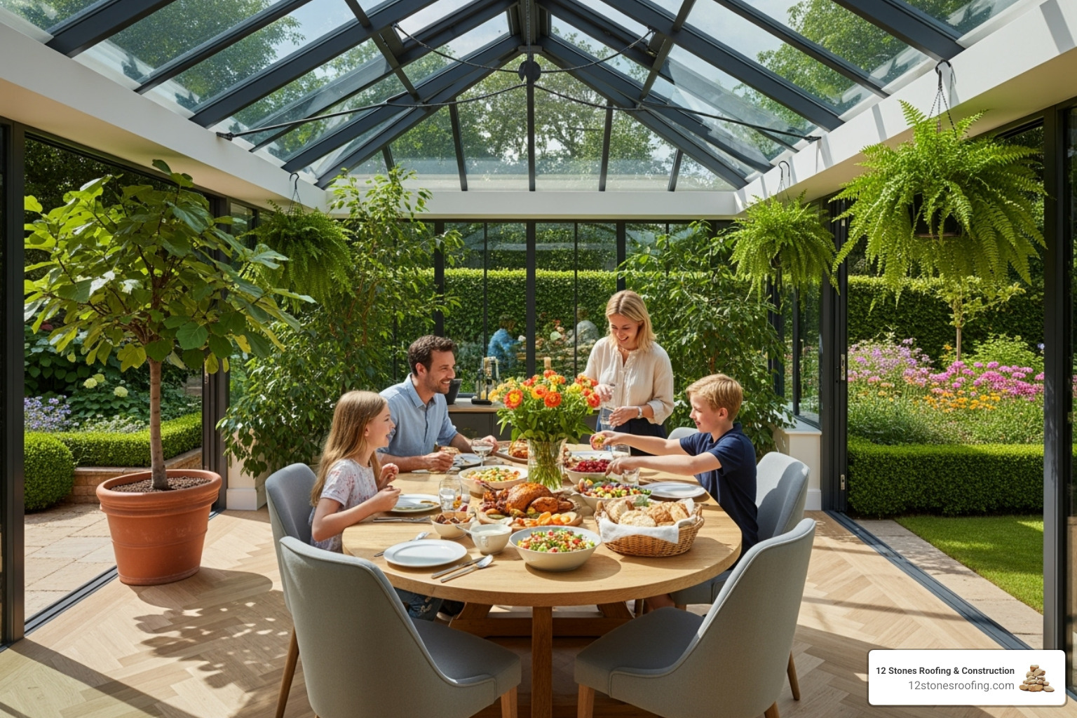 A family enjoying a meal in their beautifully converted conservatory, highlighting the comfortable living space - lightweight conservatory roof