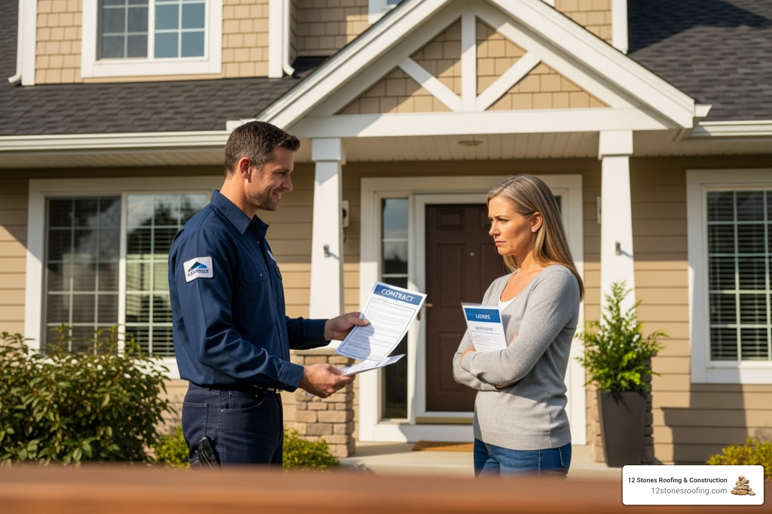 Roofer showing a homeowner a contract and license - Roofing contractor The Woodlands