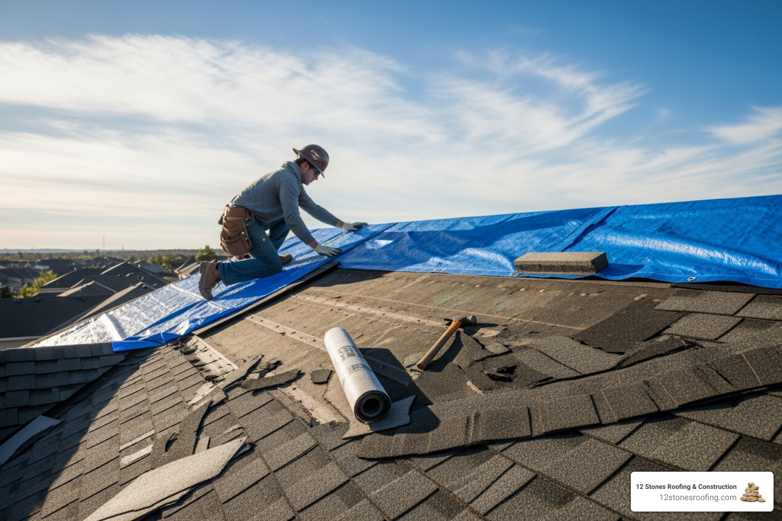 Roofer tarping a storm-damaged roof - Roofing contractor The Woodlands