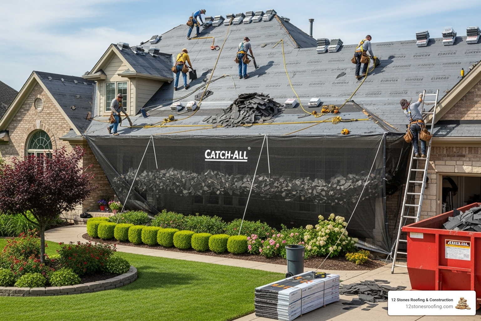 Clean job site with a "Catch-All" system protecting landscaping - Roofing contractor The Woodlands