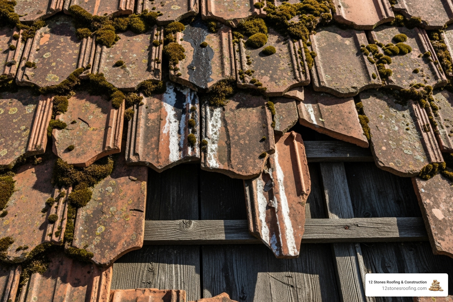 Cracked and moss-covered tile roof with visible water damage - replace tile roof with colorbond