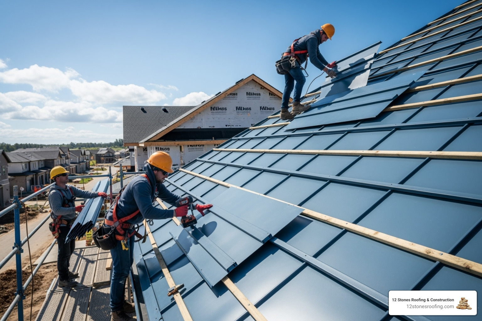 New, pre-painted metal roof panels being carefully installed - replace tile roof with colorbond