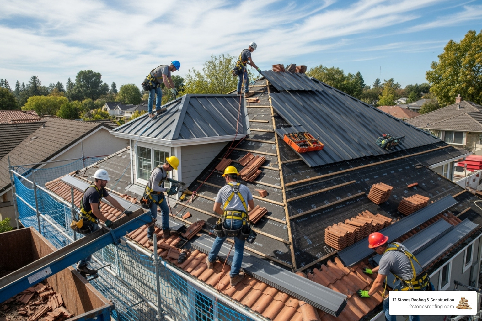 Professional roofing crew safely working on a roof conversion project - replace tile roof with colorbond
