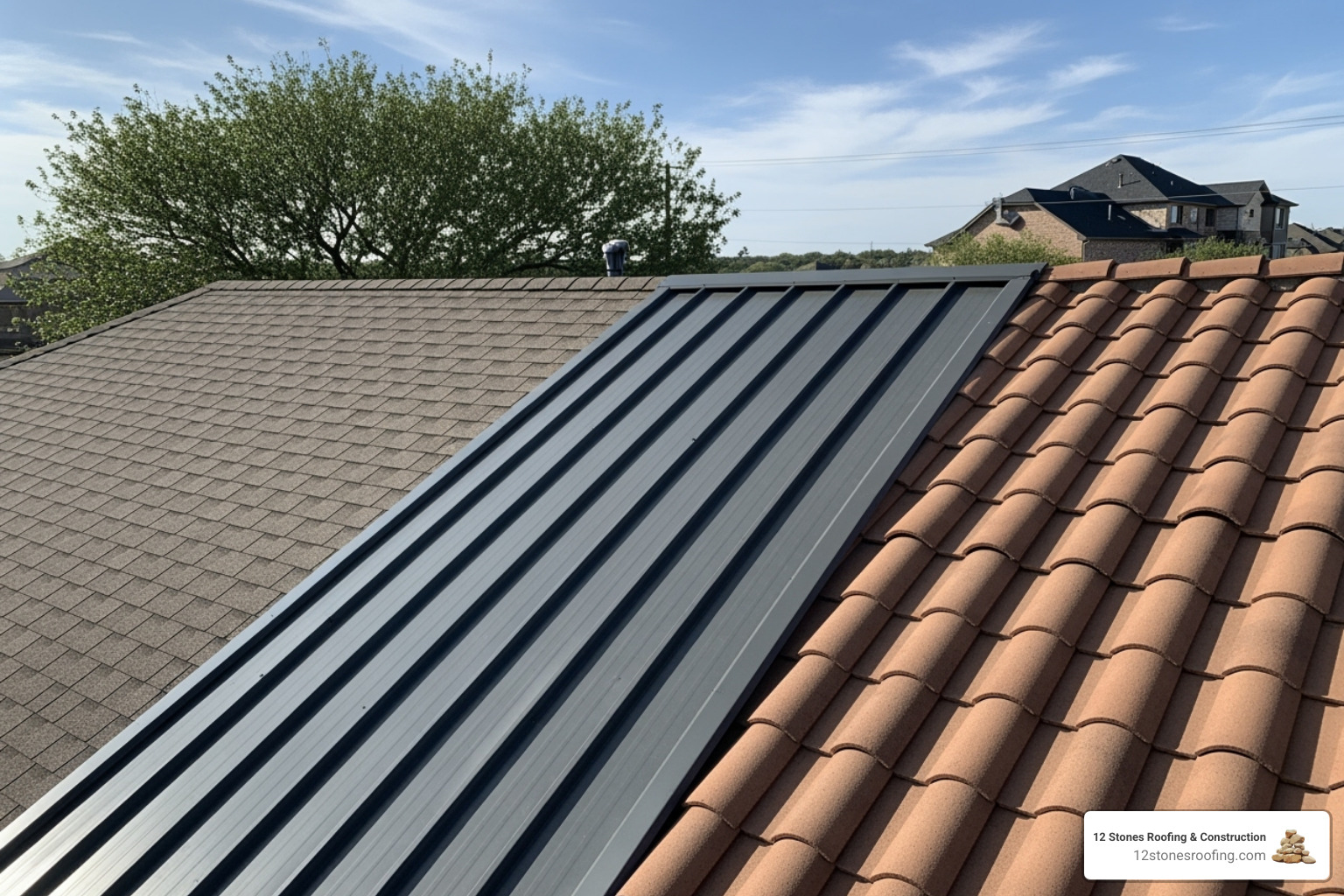 different roofing materials like asphalt shingles, metal panels, and tiles - roof replacement Fort Worth