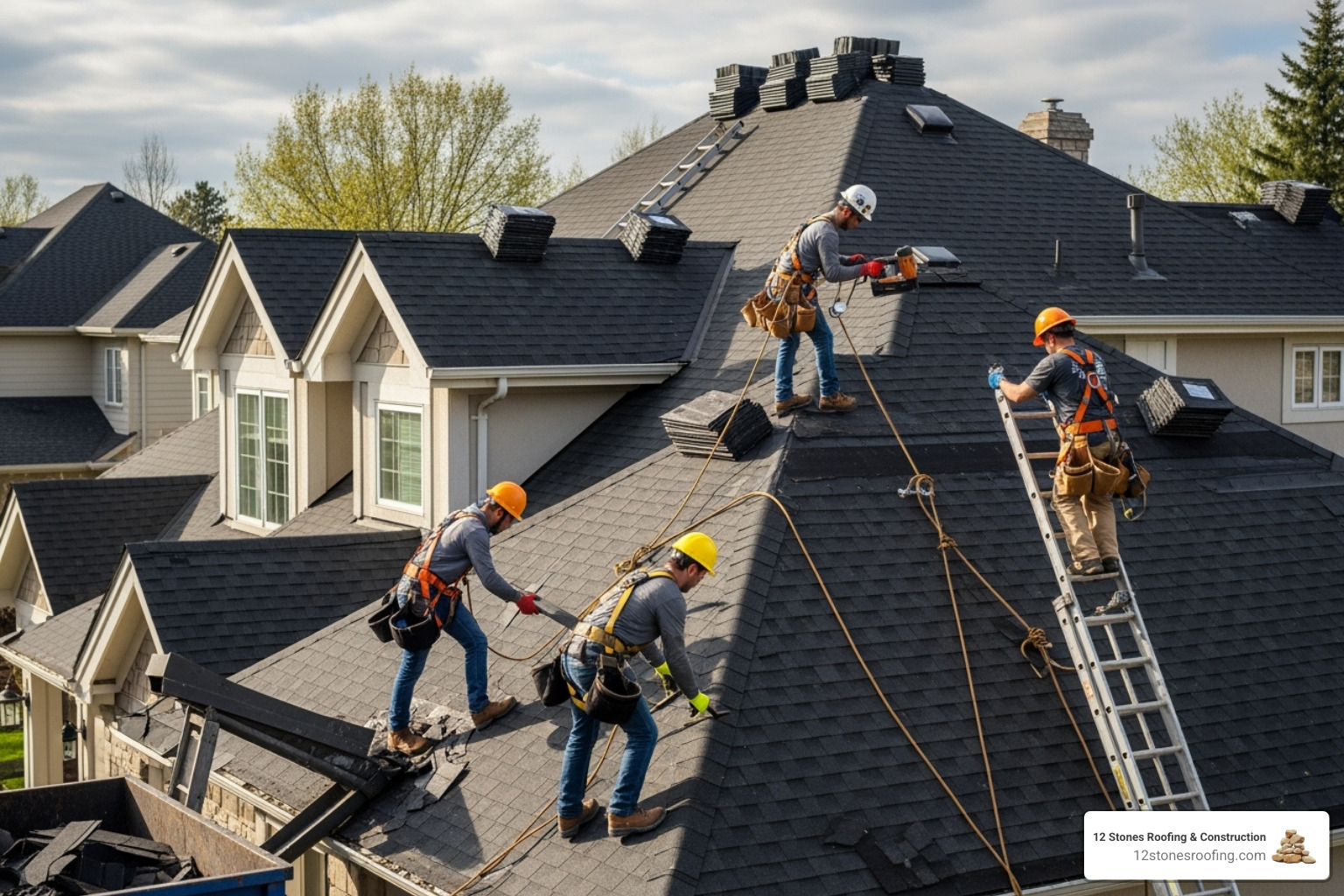 a roofing crew safely working on a residential roof in Fort Worth - roof replacement Fort Worth