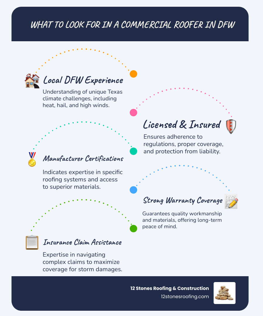 Infographic showing key factors when choosing a commercial roofer in DFW including local experience, licensing, insurance coverage, manufacturer certifications, warranty options, and storm damage expertise - roofer in dfw infographic infographic-line-5-steps-blues-accent_colors