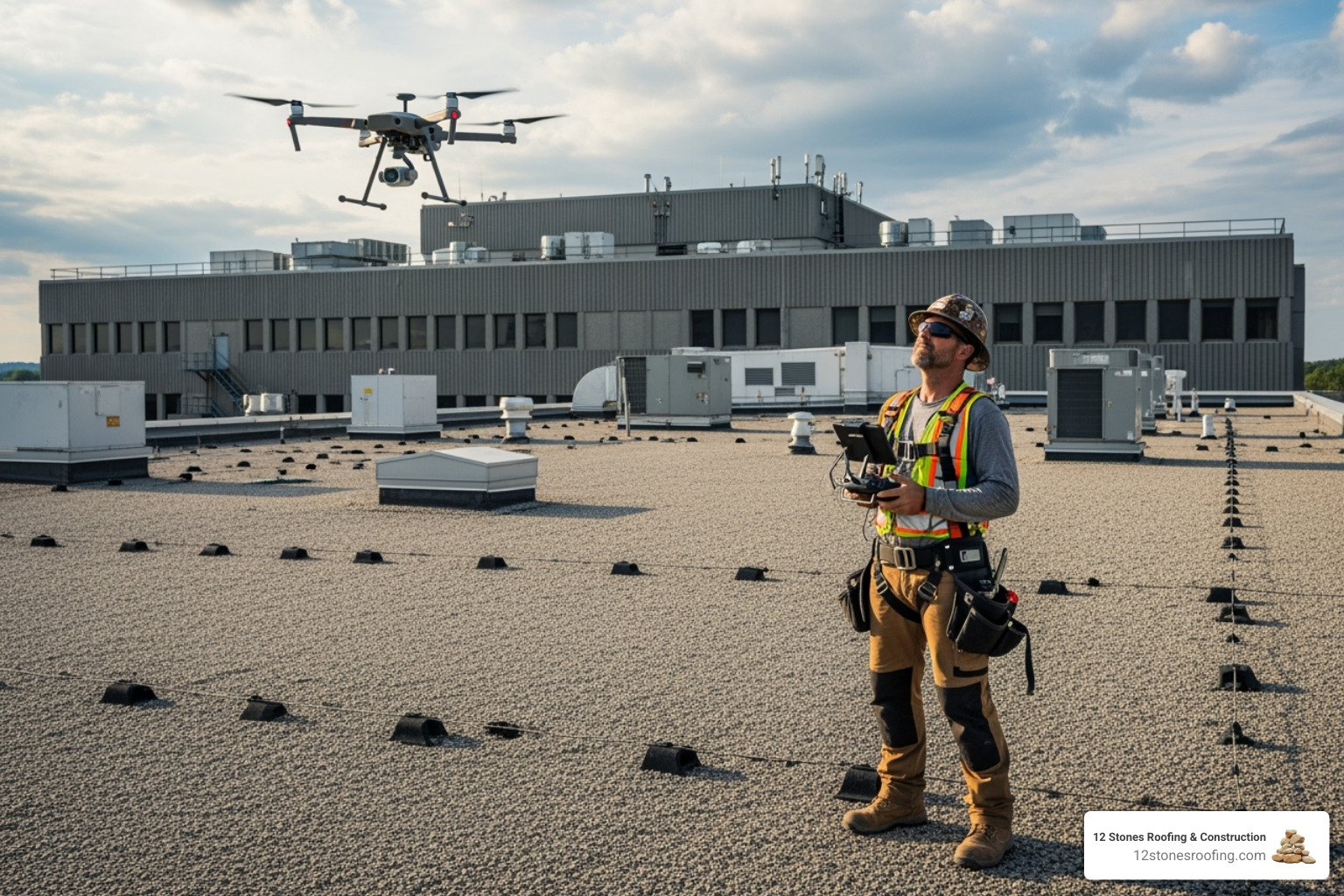 roofer using a drone to inspect a large commercial roof - roofer in dfw