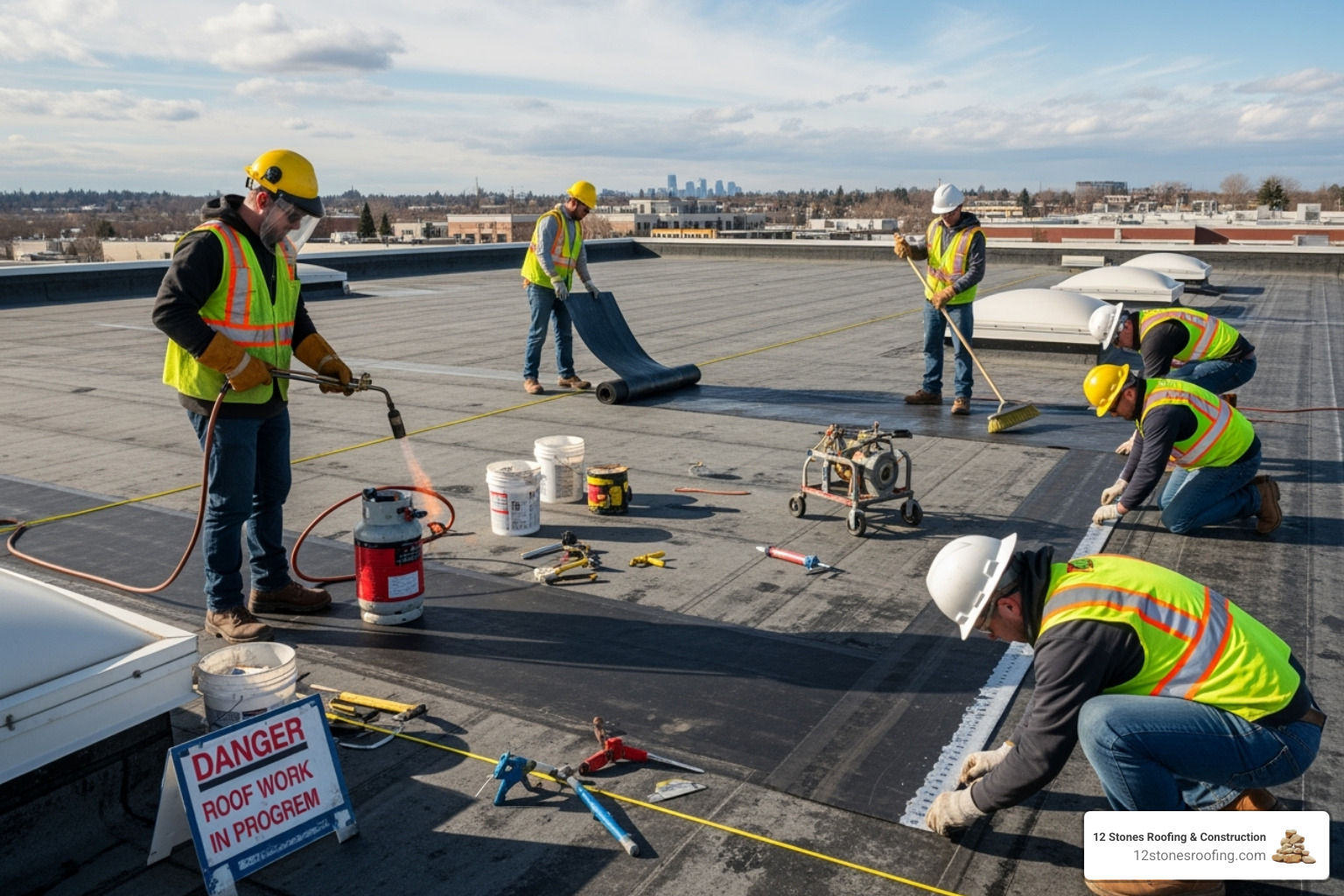 professional roofing crew working safely on a large commercial flat roof - roofer in dfw