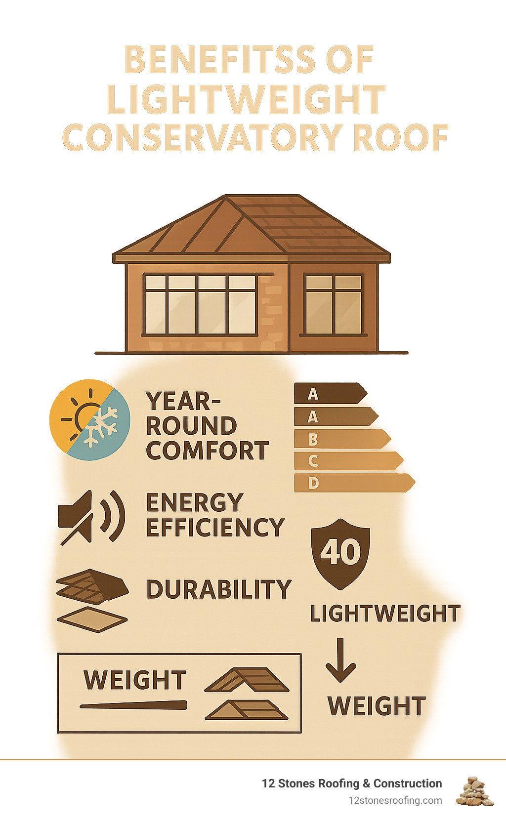 Benefits of lightweight conservatory roof systems including year-round temperature control, energy efficiency ratings, noise reduction capabilities, durability specifications, and structural weight comparisons - lightweight conservatory roof infographic 