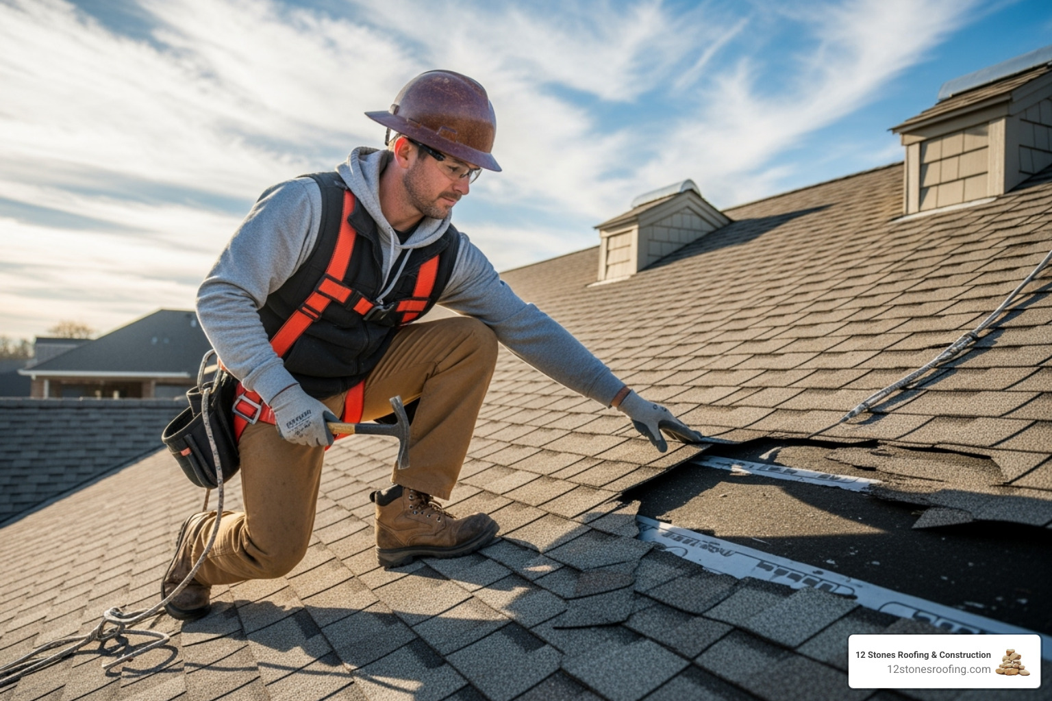 roofer inspecting damaged roof - multifamily roof replacement fort worth