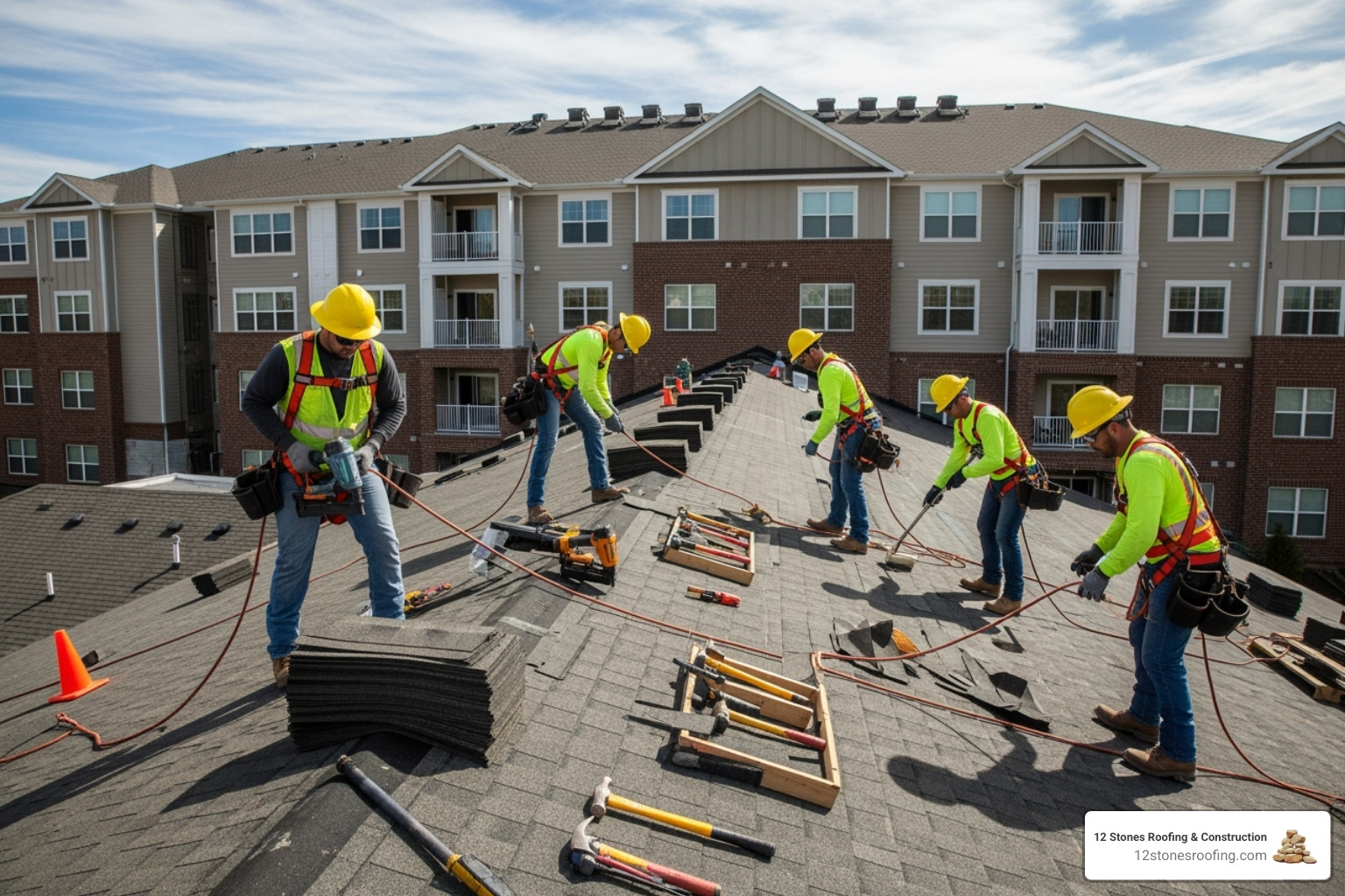 roofing crew working safely - multifamily roof replacement fort worth