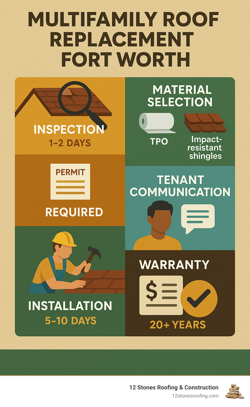 Infographic showing the multifamily roof replacement process in Fort Worth, including inspection phase, material selection options like TPO and impact-resistant shingles, permit requirements, tenant communication timeline, installation phases, and final warranty coverage with associated costs and timeframes - multifamily roof replacement fort worth infographic 