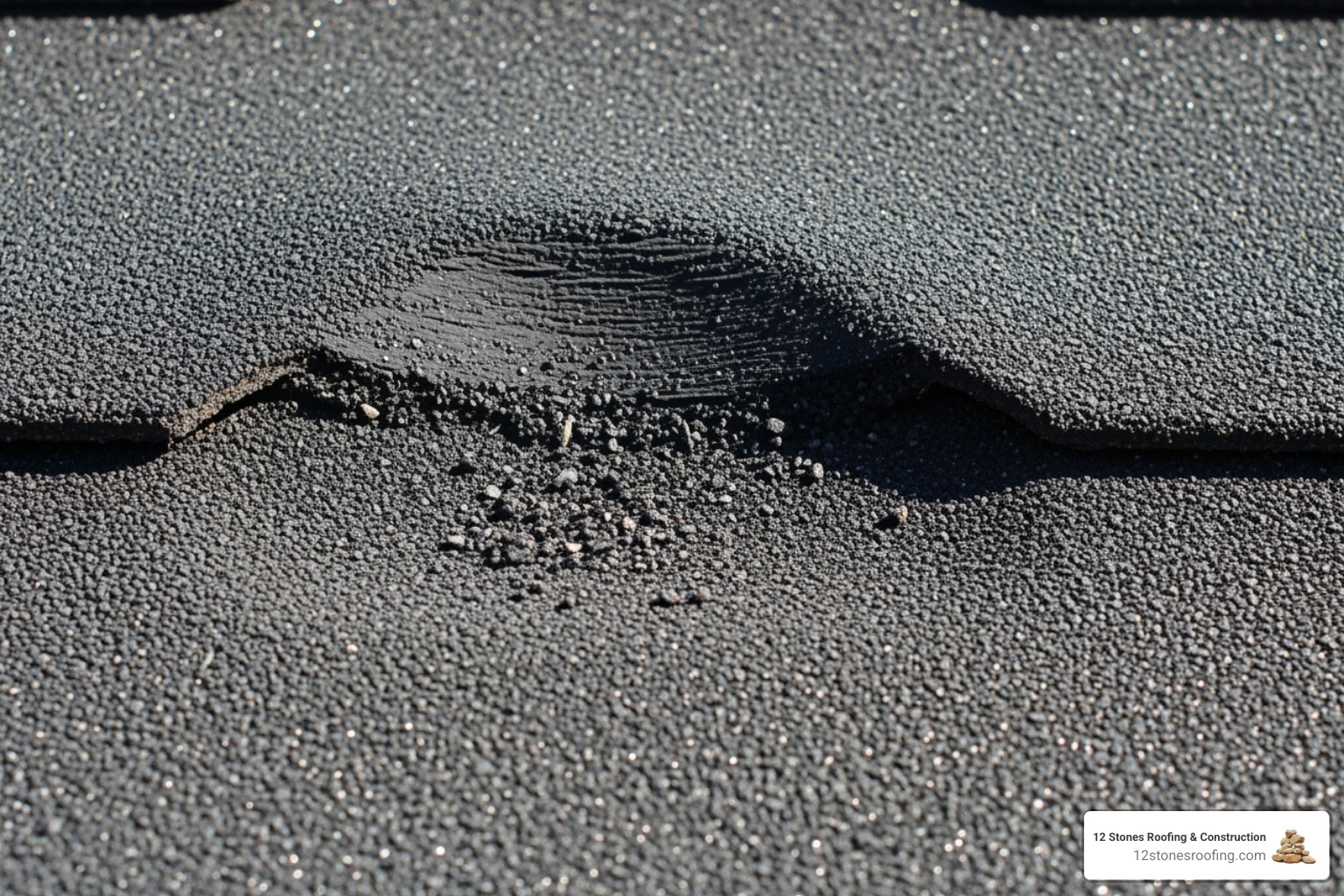 Close-up of a bruised asphalt shingle showing granule loss - Hail damage roof repair