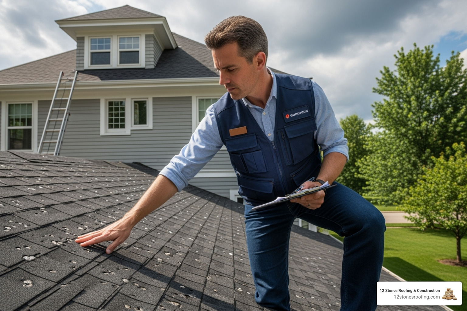 Insurance adjuster inspecting a roof - Hail damage roof repair