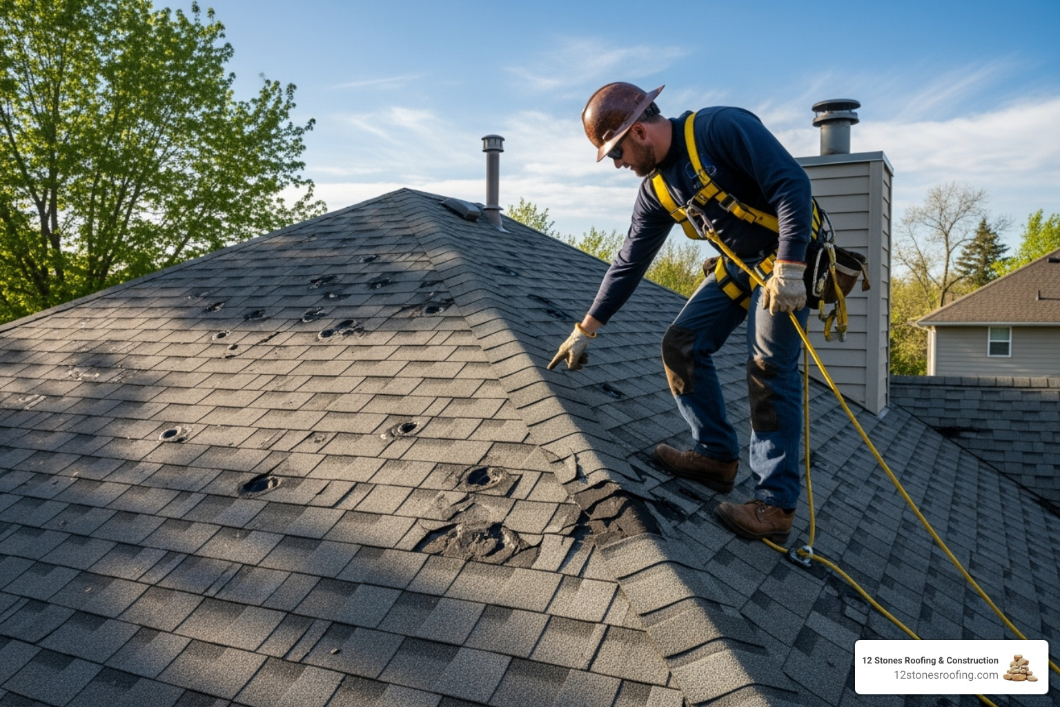 Professional roofer safely working on a hail-damaged roof - Hail damage roof repair