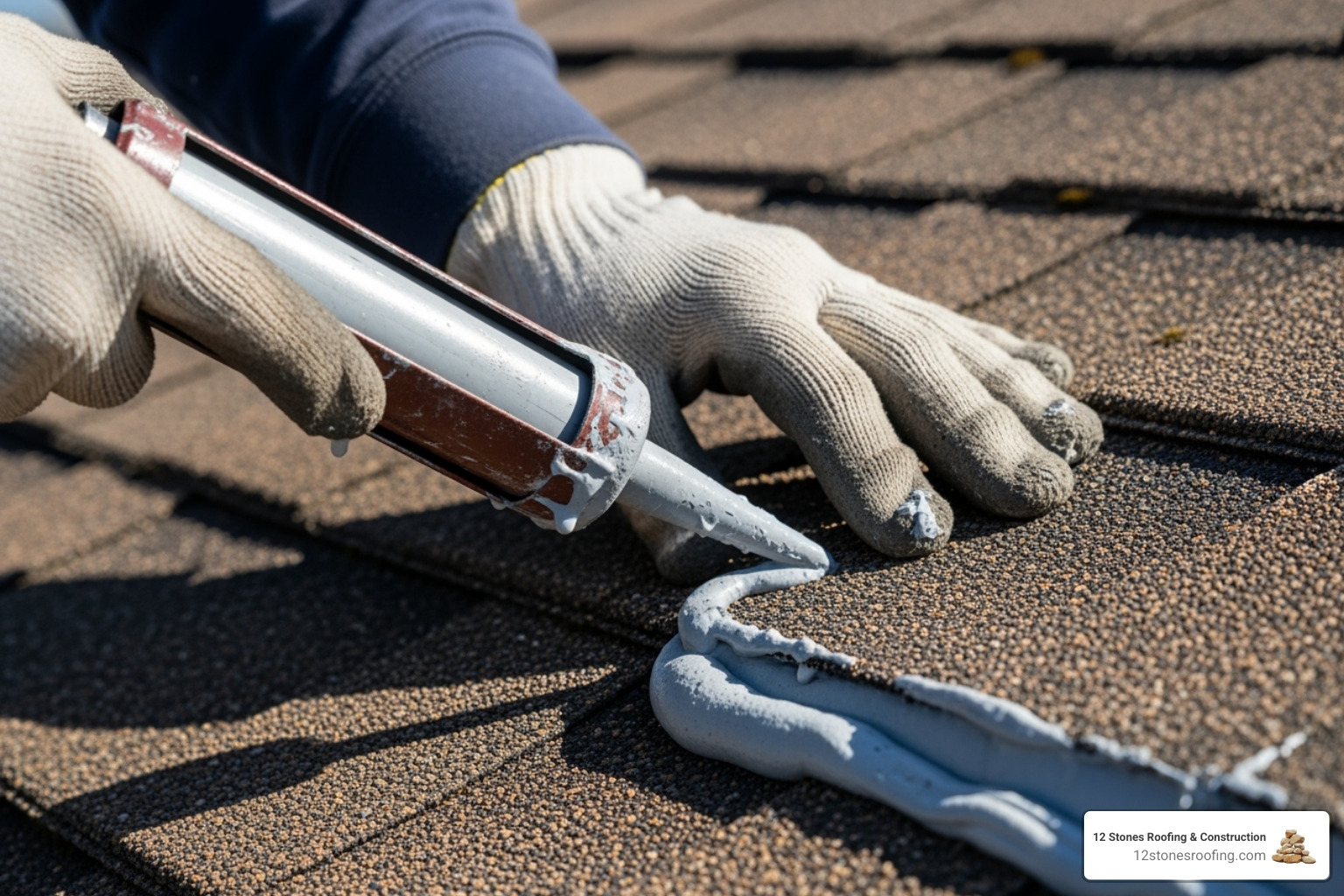 roofer applying sealant to a repaired area on a roof - Roof leak repair Houston