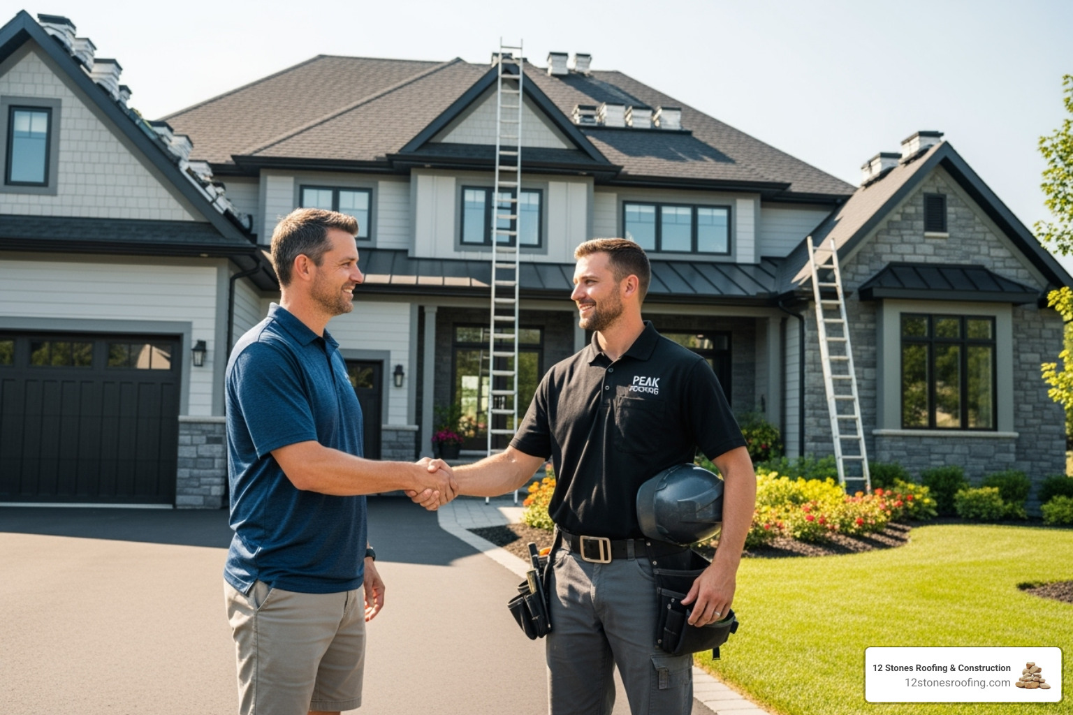 homeowner shaking hands with a uniformed roofer from 12 Stones Roofing & Construction - Roof leak repair Houston