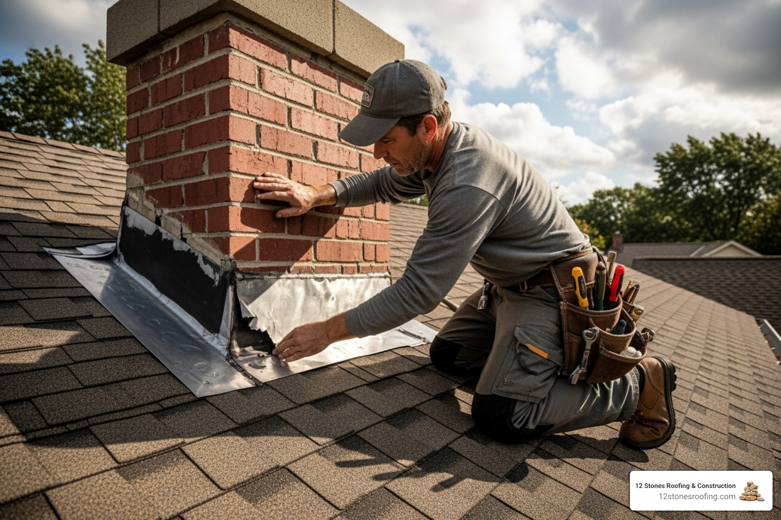 professional roofer inspecting damaged flashing around a chimney - Roof leak repair Houston