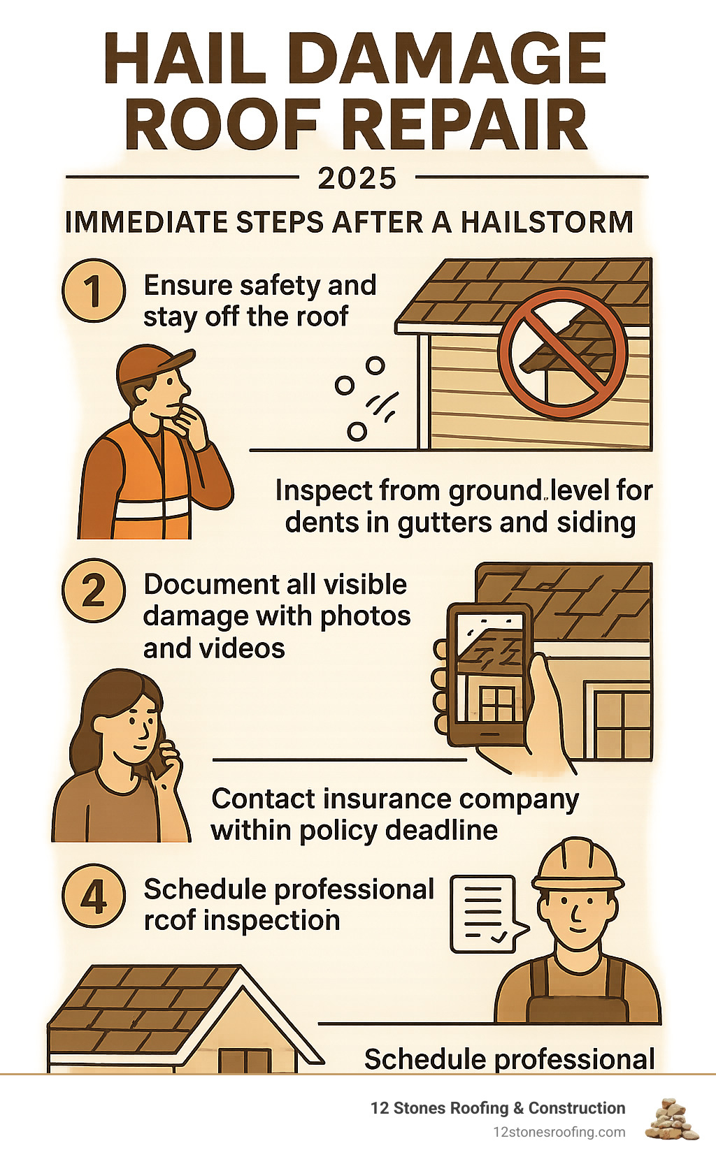 Detailed infographic showing 5 immediate steps after hailstorm: 1. Ensure safety and stay off the roof, 2. Inspect from ground level for dents in gutters and siding, 3. Document all visible damage with photos and videos, 4. Contact insurance company within policy deadline, 5. Schedule professional roof inspection - Hail damage roof repair infographic 