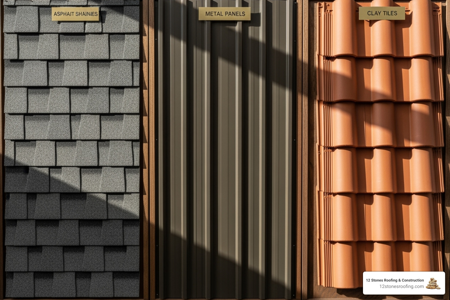 image showcasing a palette of different roofing materials like asphalt shingles, metal panels, and clay tiles - roofing contractor pasadena