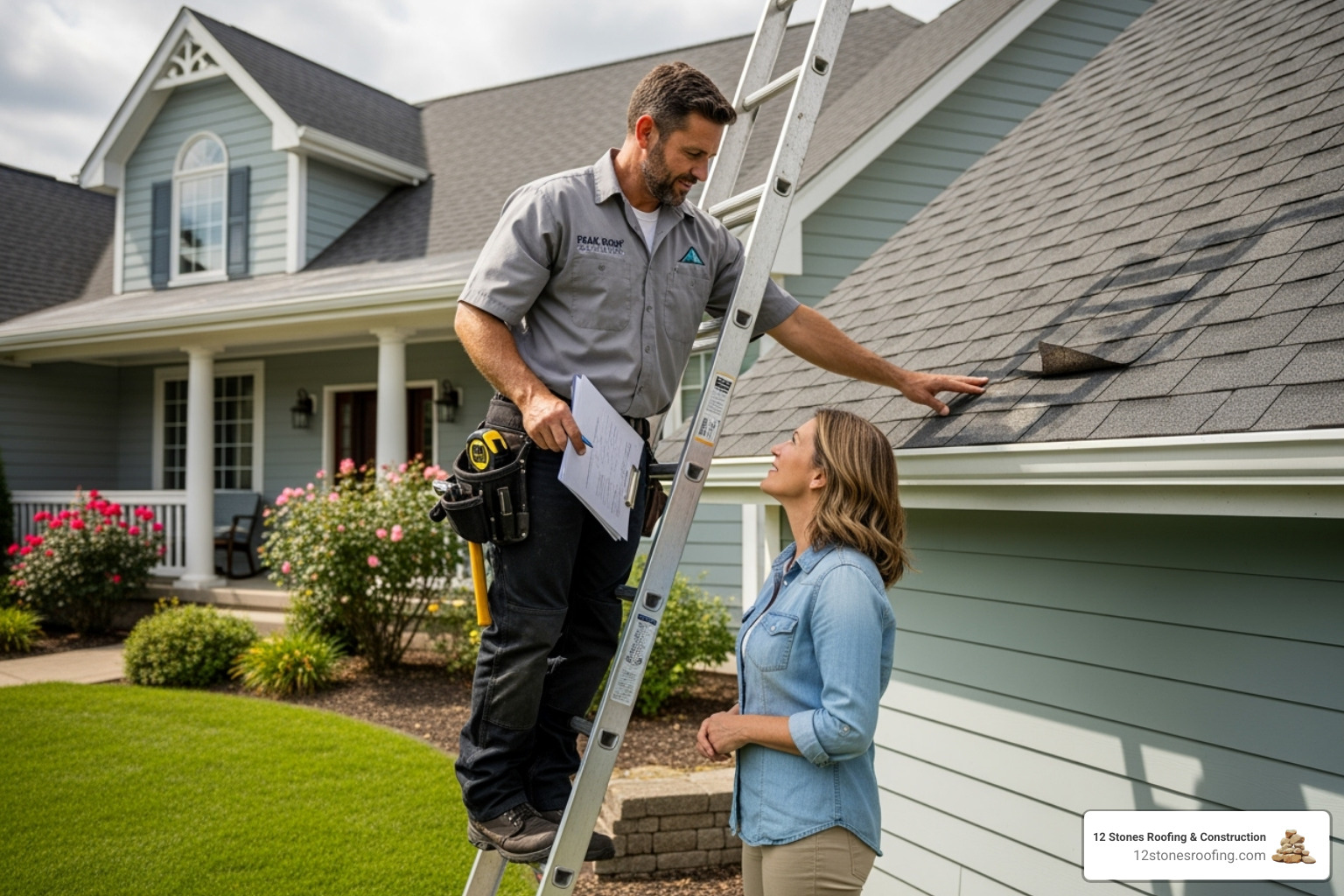 image of a professional roofer on a ladder, discussing plans with a homeowner - roofing contractor pasadena