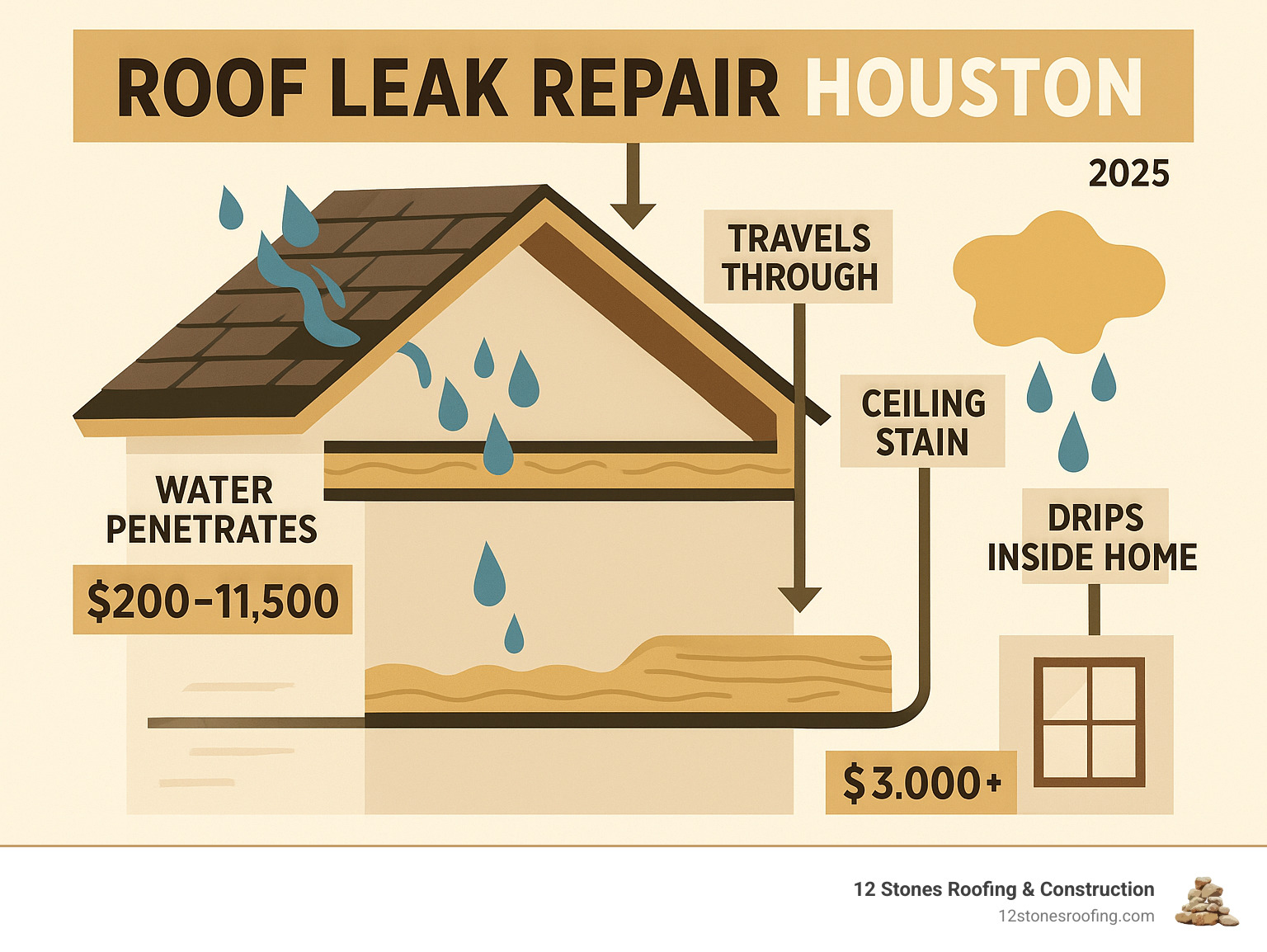 Detailed infographic showing the progression of a roof leak from initial water penetration through damaged shingles or flashing, traveling through insulation and wooden structures, and finally appearing as ceiling stains or drips inside the home, with cost implications at each stage - Roof leak repair Houston infographic 