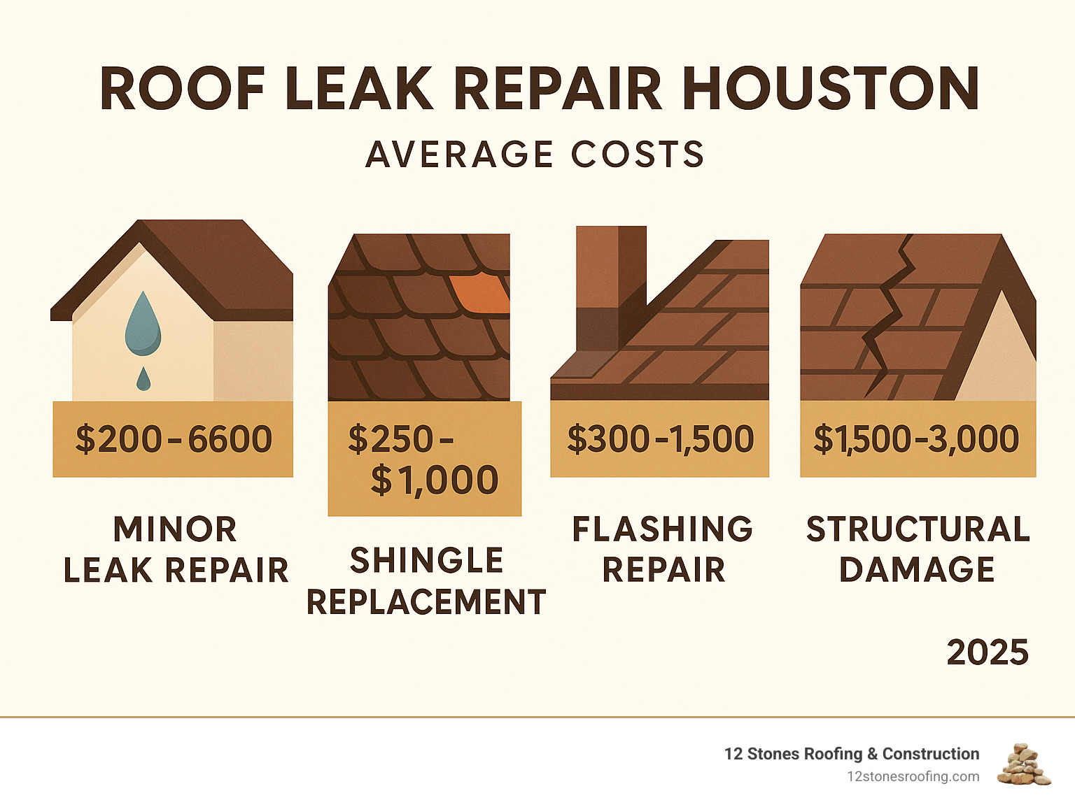 Infographic detailing the average cost breakdown for various roof leak repairs in Houston, including minor leaks, shingle replacement, flashing repair, and structural damage, with a visual representation of cost ranges - Roof leak repair Houston infographic 