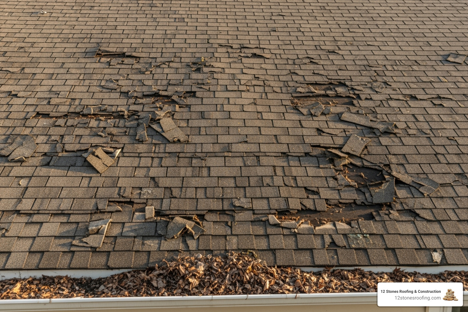 image of curled and missing asphalt shingles on a roof; Storm damage; Leaks; Granule loss in gutters; Interior water stains; Sagging roof deck; Age of roof over 15 years - roofing contractor pasadena