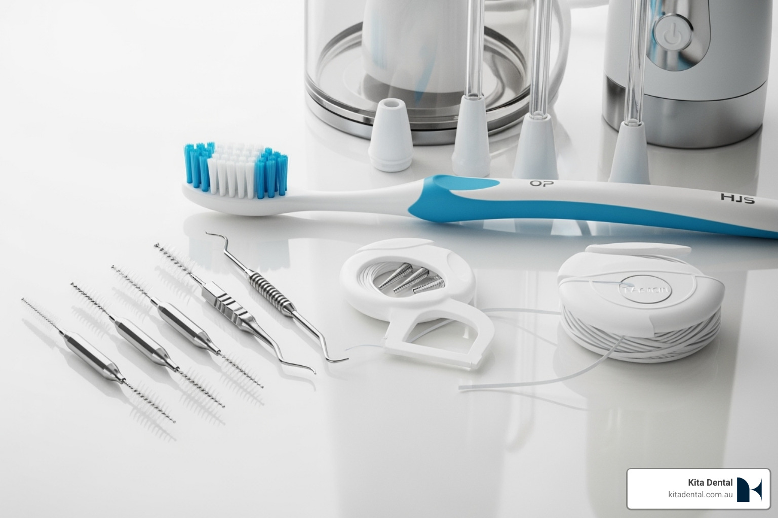 Assortment of specialized dental hygiene tools, including a soft-bristled toothbrush, various sizes of interdental brushes, implant-specific floss, and a water flosser - how to prevent peri-implantitis Assortment of specialized dental hygiene tools, including a soft-bristled toothbrush, various sizes of interdental brushes, implant-specific floss, and a water flosser - how to prevent peri-implantitis