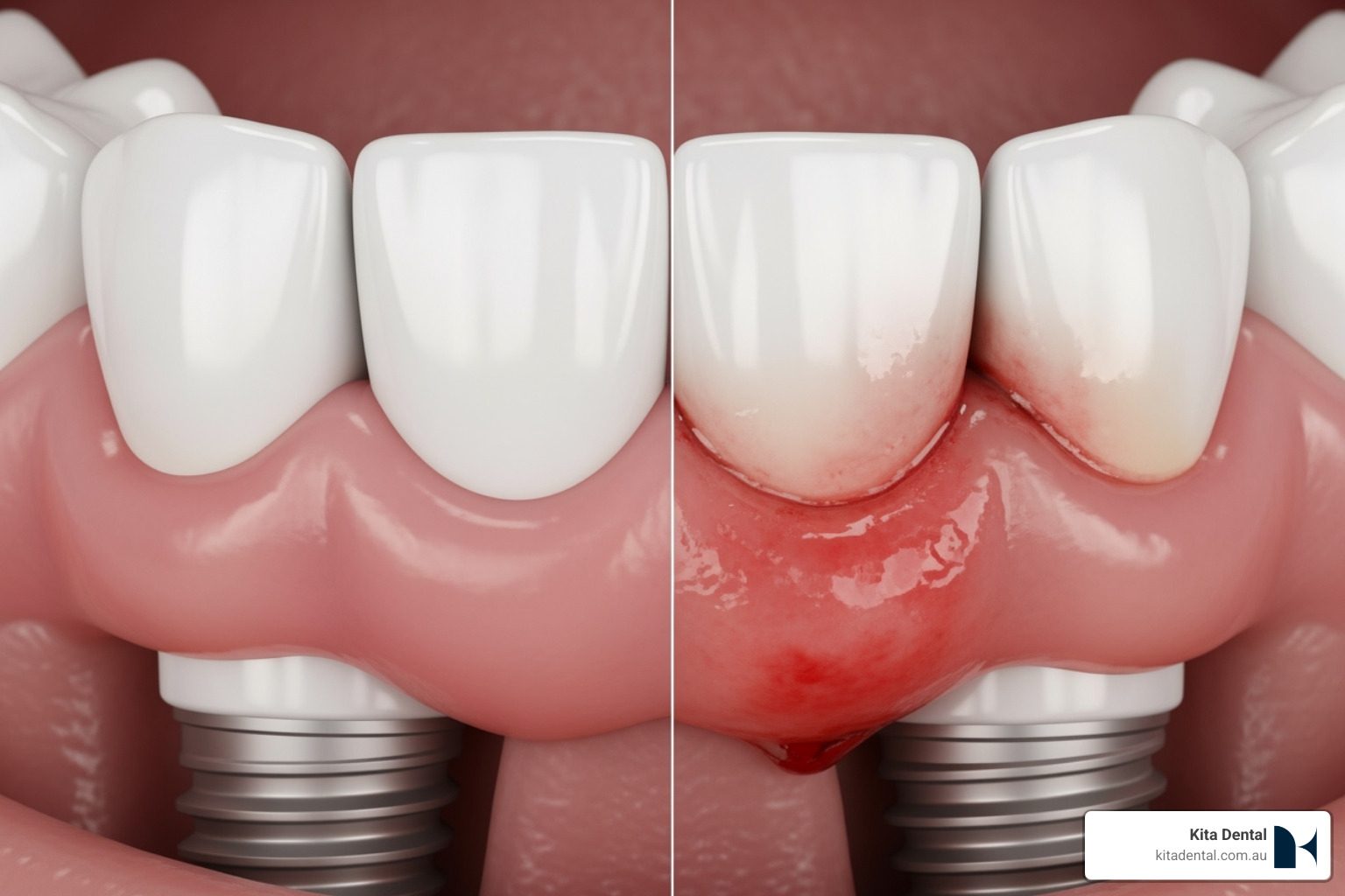 Close-up view of healthy gum tissue around a dental implant compared to inflamed, reddish, and slightly swollen gums indicative of peri-implant mucositis - how to prevent peri-implantitis Close-up view of healthy gum tissue around a dental implant compared to inflamed, reddish, and slightly swollen gums indicative of peri-implant mucositis - how to prevent peri-implantitis