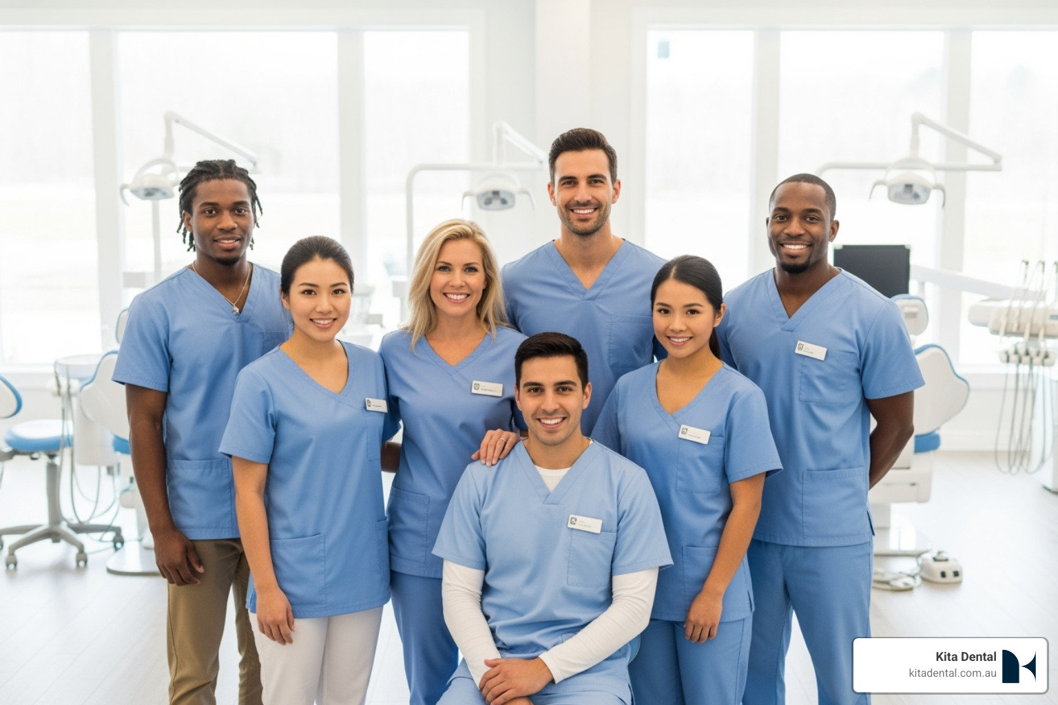 Kita Dental team smiling in a modern dental clinic setting, representing patient care and support - how to prevent peri-implantitis Kita Dental team smiling in a modern dental clinic setting, representing patient care and support - how to prevent peri-implantitis