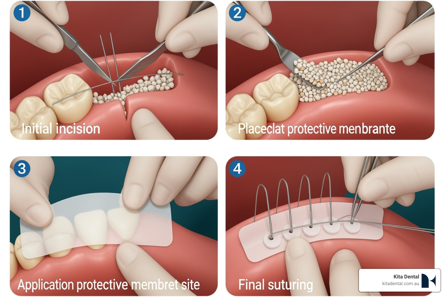 Illustration showing the main surgical steps of a dental bone graft, including incision, graft placement, membrane application, and suturing - bone graft dental procedure Illustration showing the main surgical steps of a dental bone graft, including incision, graft placement, membrane application, and suturing - bone graft dental procedure