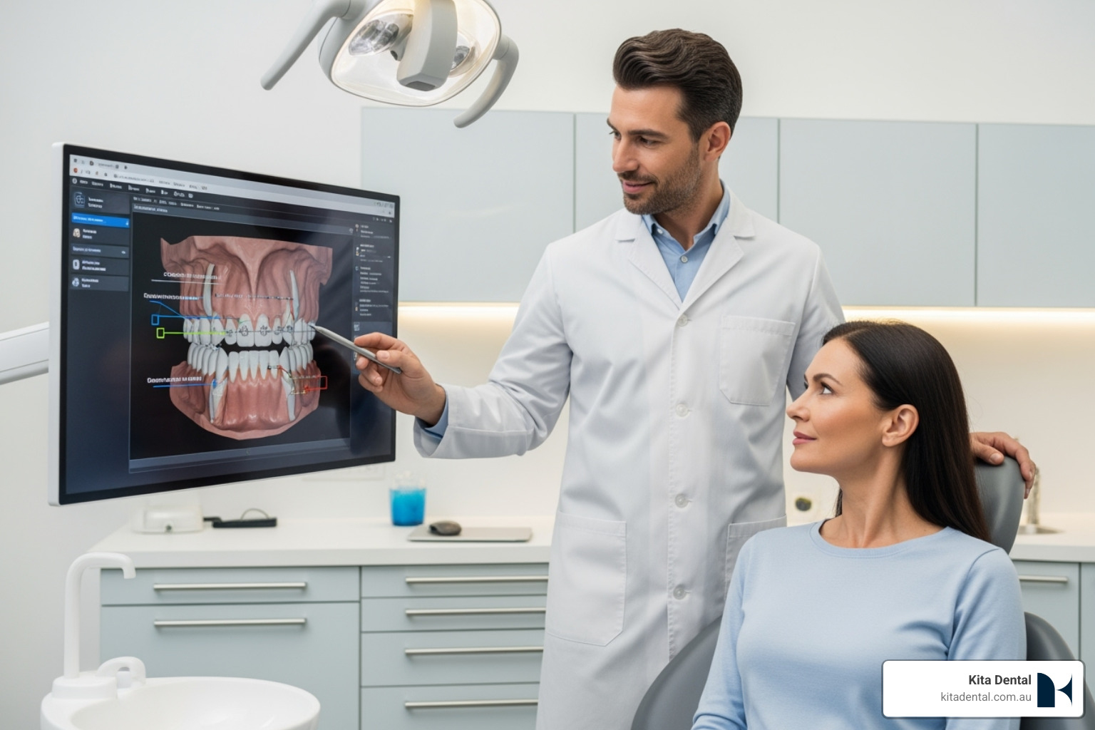 Image of a dental professional explaining a treatment plan to a patient. - implant treatment Image of a dental professional explaining a treatment plan to a patient. - implant treatment