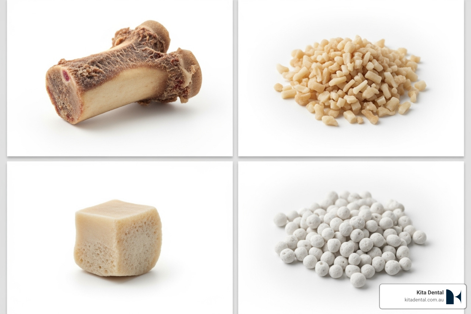 Image illustrating the four main sources of bone graft material - bone grafting for dental implants Image illustrating the four main sources of bone graft material - bone grafting for dental implants