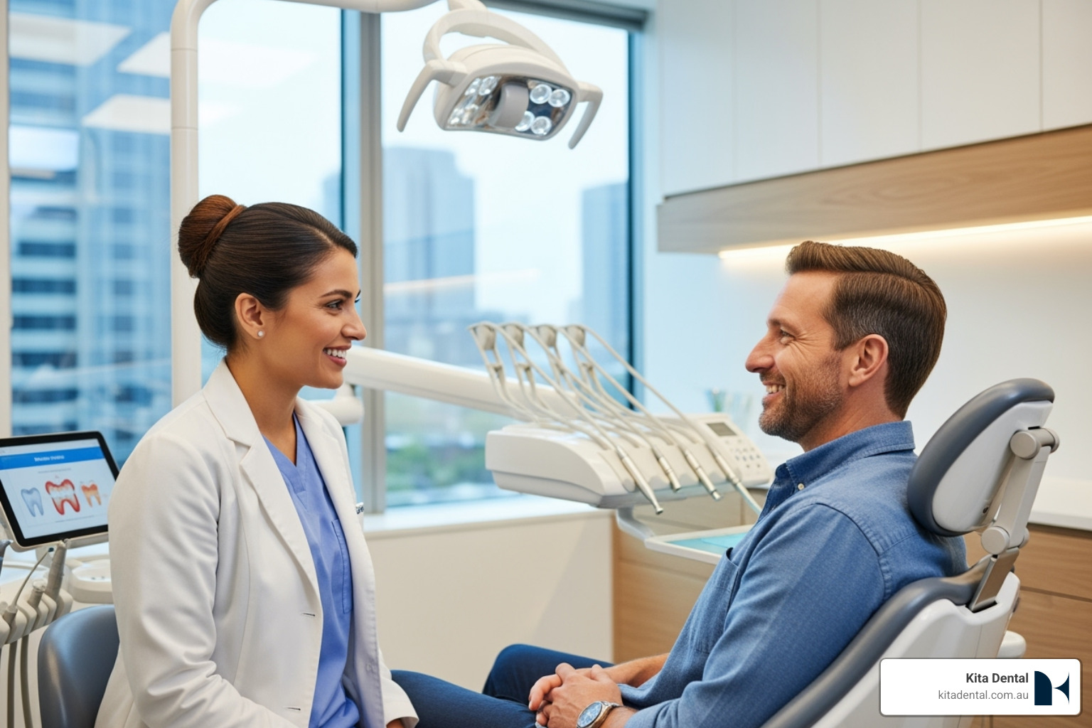 Dentist consulting with a patient in a friendly setting - all-on-6 dental implants Dentist consulting with a patient in a friendly setting - all-on-6 dental implants