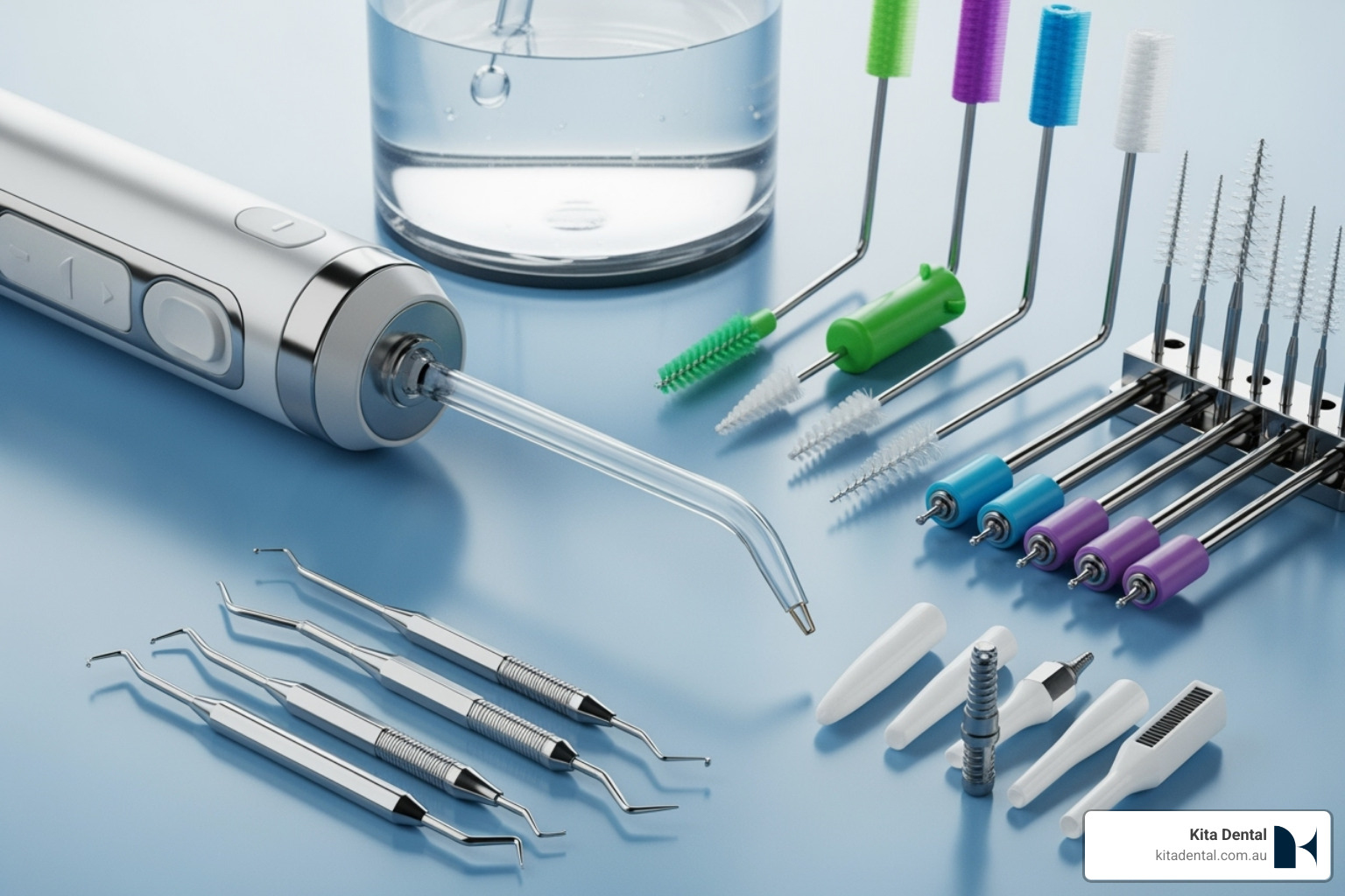 Specialised cleaning tools like a water flosser and interdental brushes - all-on-6 dental implants Specialised cleaning tools like a water flosser and interdental brushes - all-on-6 dental implants