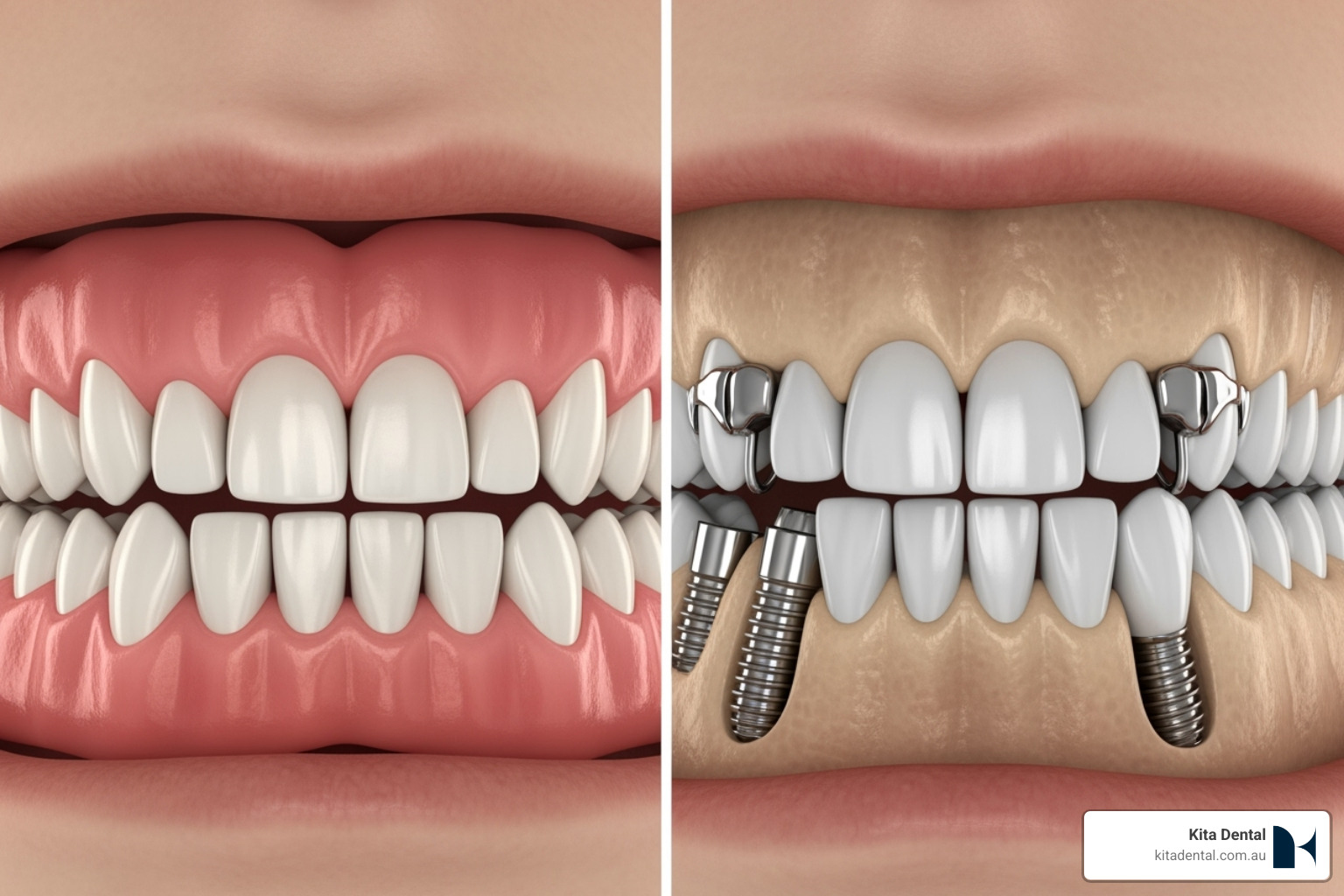 side-by-side comparison of a jaw with a removable prosthesis versus one with full arch implants - full arch dental implants side-by-side comparison of a jaw with a removable prosthesis versus one with full arch implants - full arch dental implants