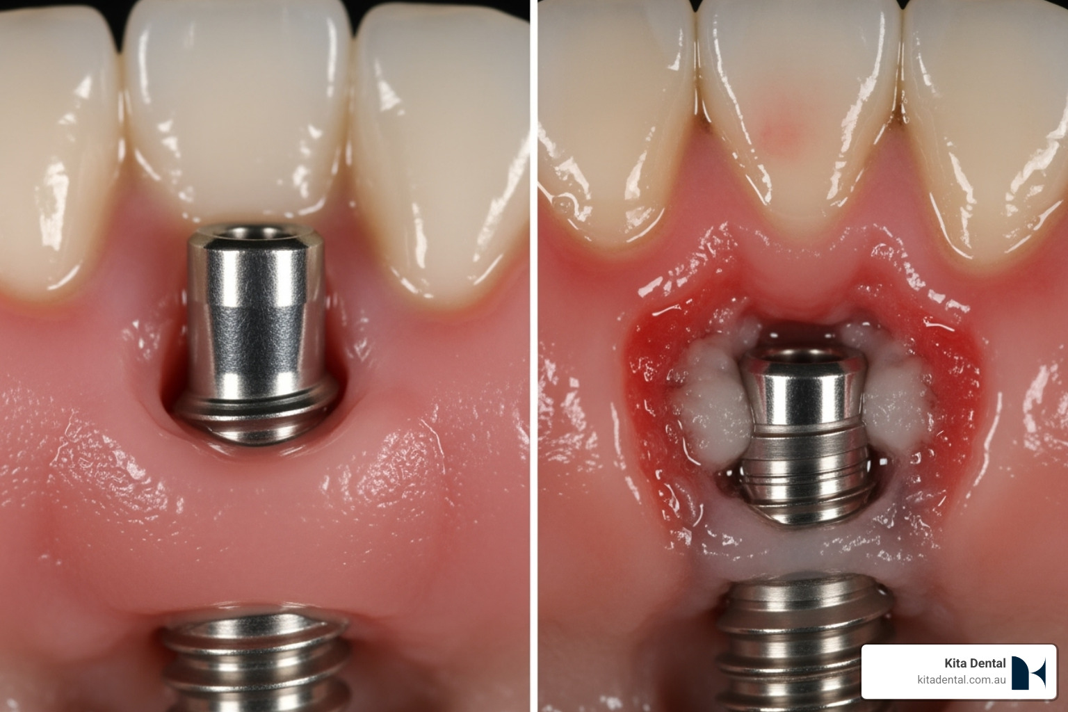 comparing healthy gums around an implant vs. inflamed gums from peri-implantitis - cleaning full arch implants comparing healthy gums around an implant vs. inflamed gums from peri-implantitis - cleaning full arch implants
