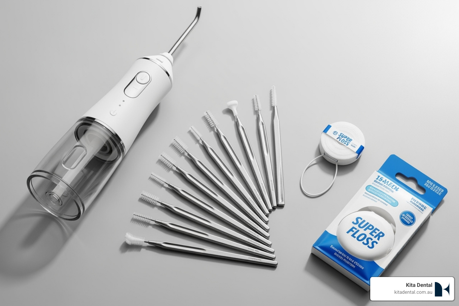 recommended cleaning tools like a water flosser, interdental brushes, and super floss - cleaning full arch implants recommended cleaning tools like a water flosser, interdental brushes, and super floss - cleaning full arch implants