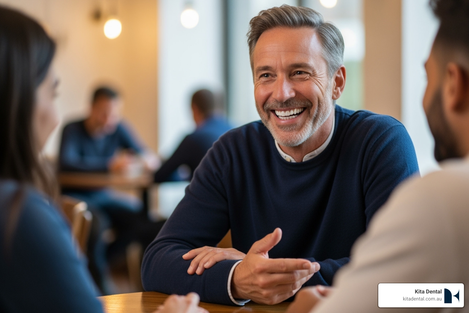 A patient confidently engaging in conversation and smiling in a social setting, illustrating the improved social interaction and self-assurance after full arch implant treatment - chewing and speaking with full arch implants A patient confidently engaging in conversation and smiling in a social setting, illustrating the improved social interaction and self-assurance after full arch implant treatment - chewing and speaking with full arch implants