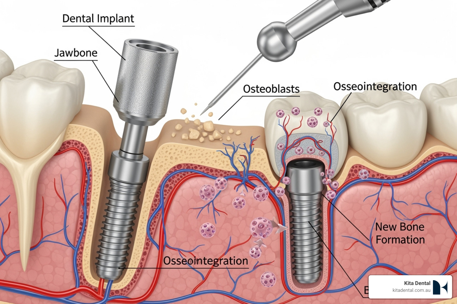 Diagram showing a dental implant fusing with the jawbone, illustrating the process of osseointegration where the implant integrates with the surrounding bone tissue - chewing and speaking with full arch implants Diagram showing a dental implant fusing with the jawbone, illustrating the process of osseointegration where the implant integrates with the surrounding bone tissue - chewing and speaking with full arch implants