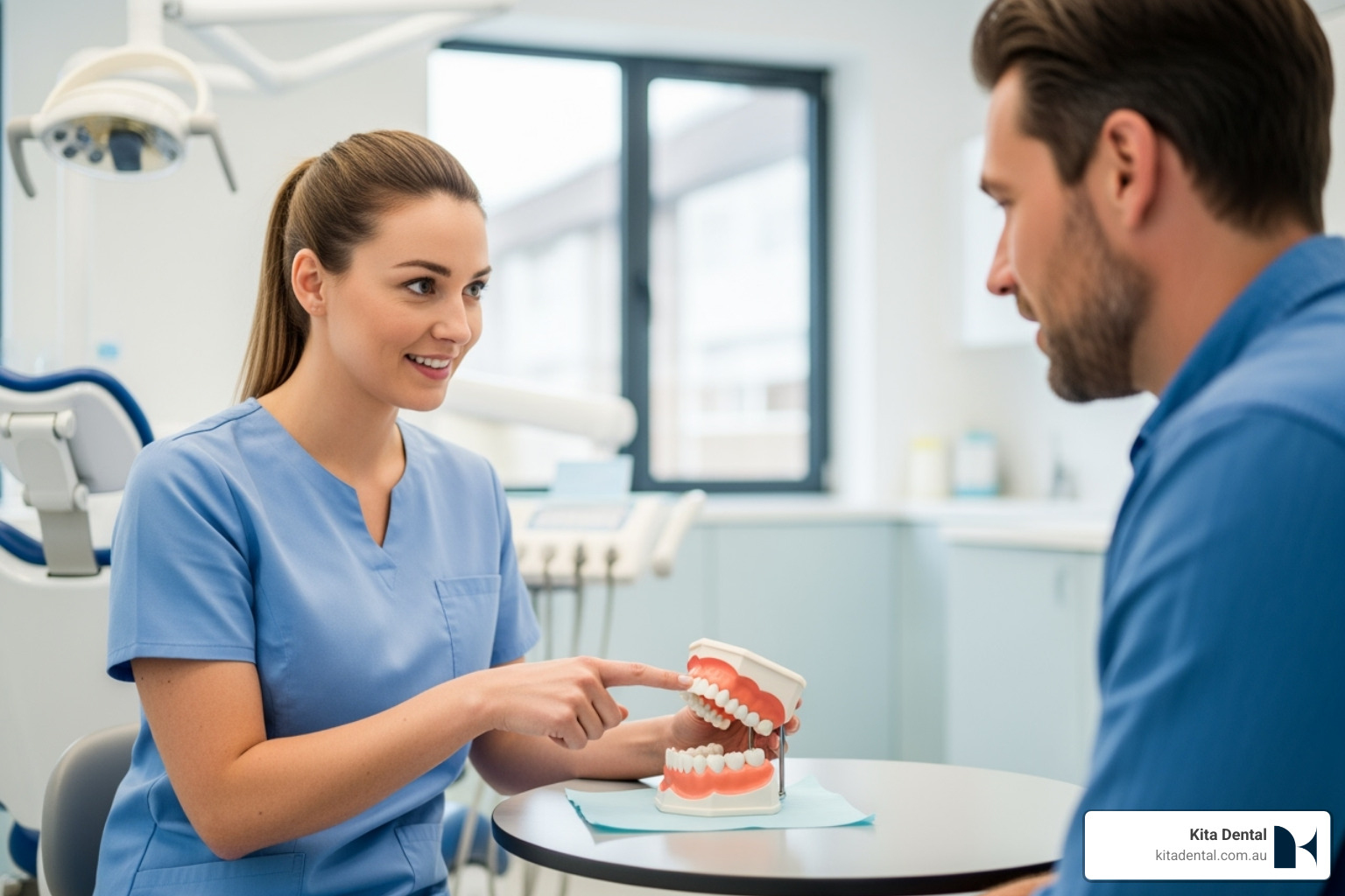A friendly female dentist in a modern Sydney dental clinic is consulting with a male patient, pointing to a dental model. The clinic setting is bright and professional, with a relaxed atmosphere. - are veneers and implants the same A friendly female dentist in a modern Sydney dental clinic is consulting with a male patient, pointing to a dental model. The clinic setting is bright and professional, with a relaxed atmosphere. - are veneers and implants the same