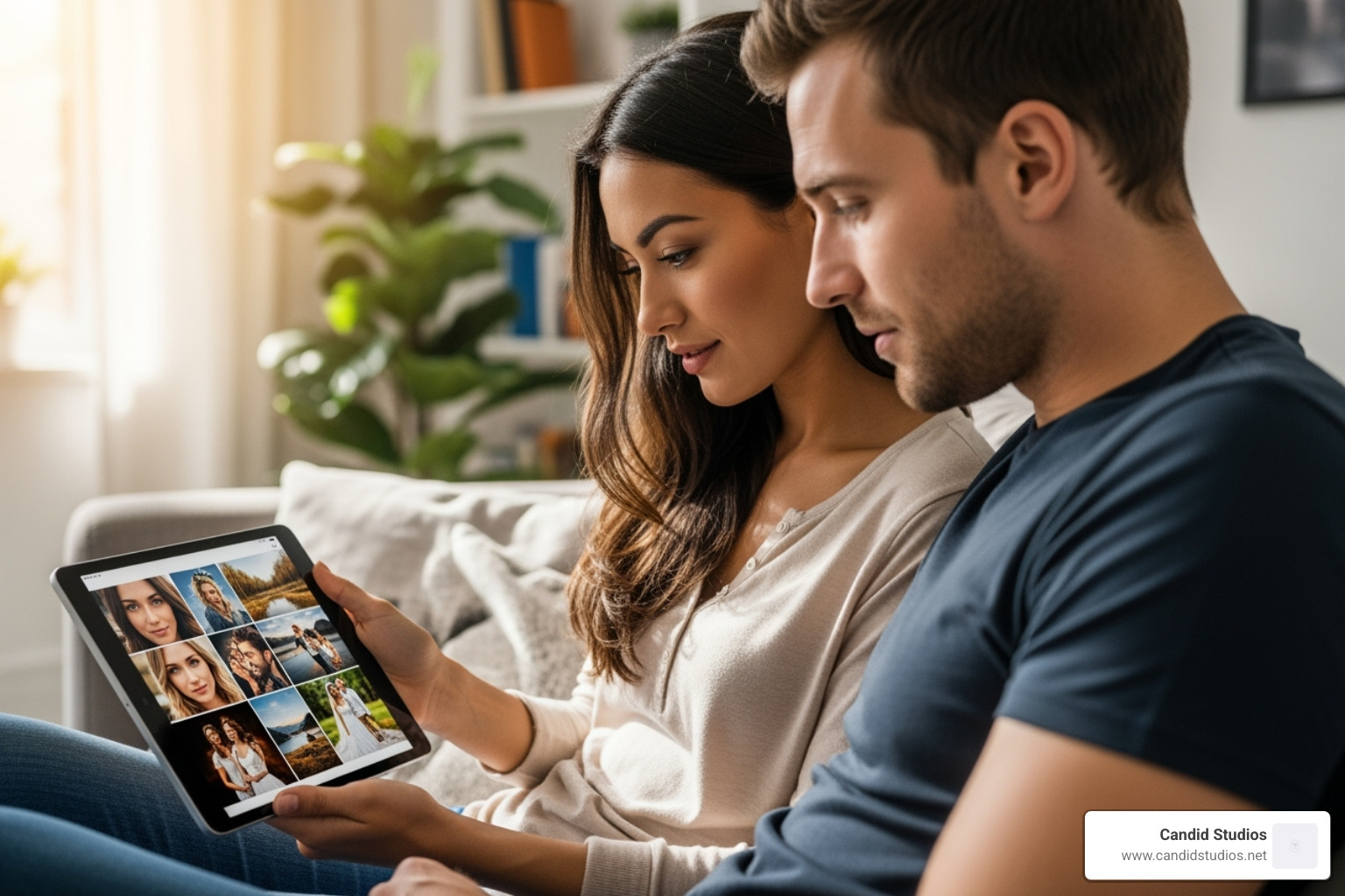 couple reviewing a photographer's portfolio on a tablet - How much wedding photographer couple reviewing a photographer's portfolio on a tablet - How much wedding photographer