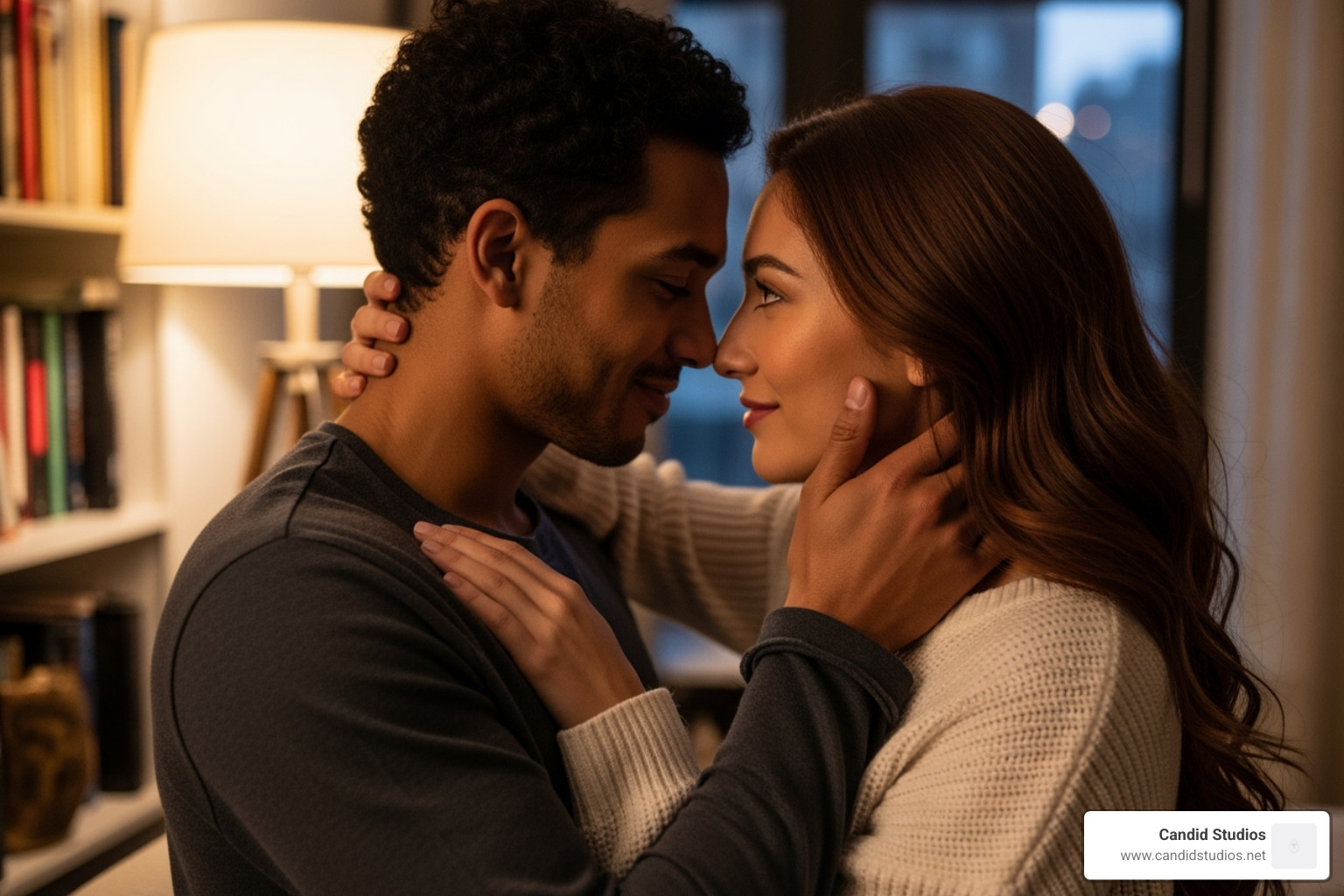 couple in a close, intimate pose focusing on gentle touch and eye contact - couple photoshoot poses