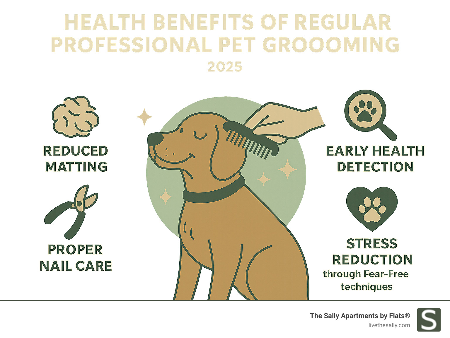 Infographic showing the health benefits of regular professional pet grooming including reduced matting, early health detection, proper nail care, and stress reduction through Fear-Free techniques - Uptown pet spa infographic 