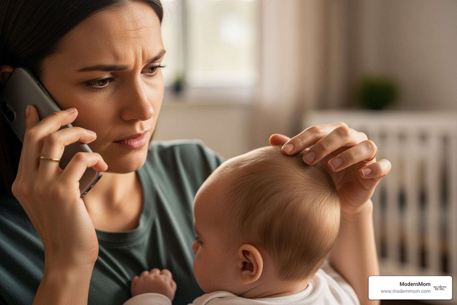 parent on the phone looking concerned while checking their baby's scalp - cradle cap home remedies