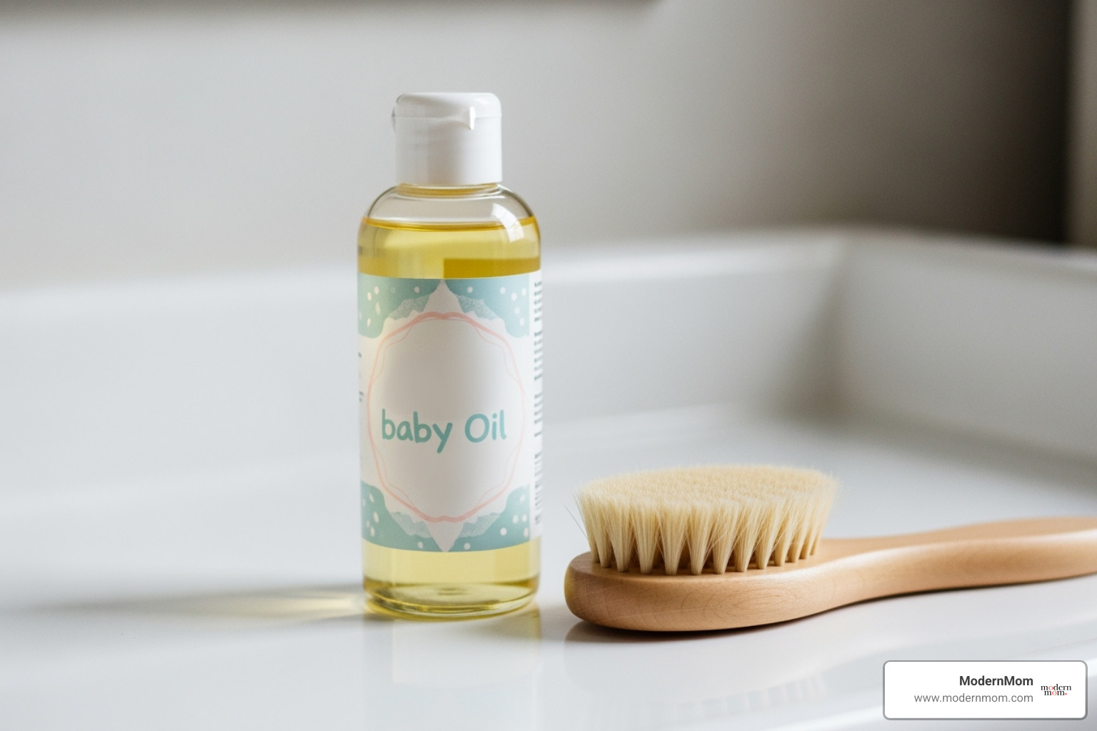 bottle of baby-safe oil next to a soft baby brush - cradle cap home remedies